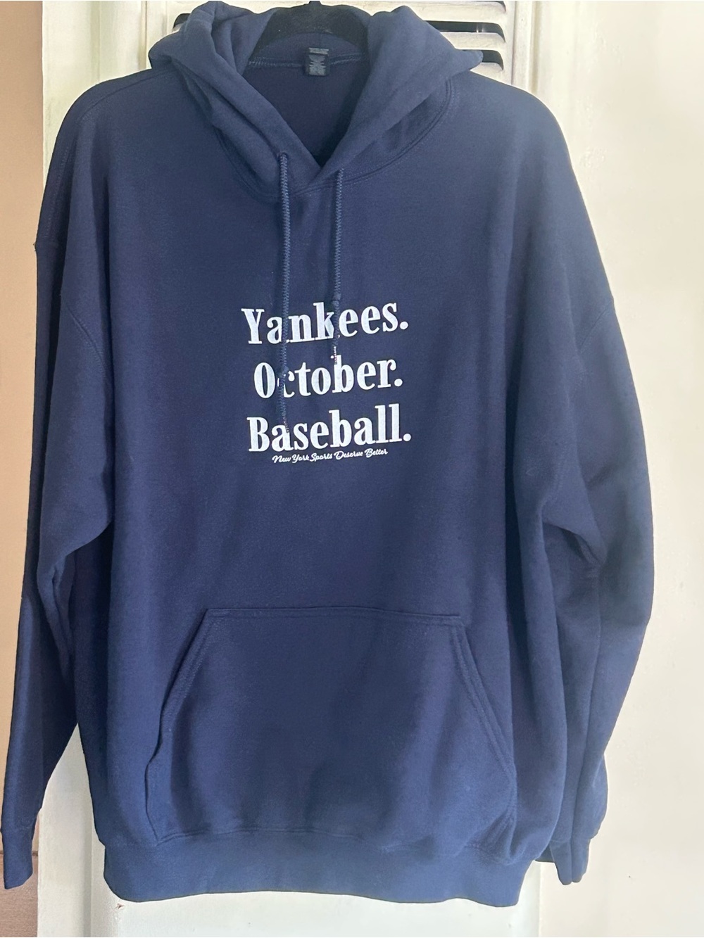 Gildan Navy Crewneck Hoodie with White Yankees October Baseball Print